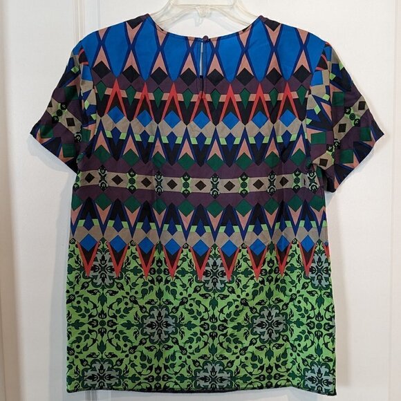 J. Crew Top Women's Size 2 Colorful 100% Silk Geometric Patterned Short Sleeve - Picture 7 of 16